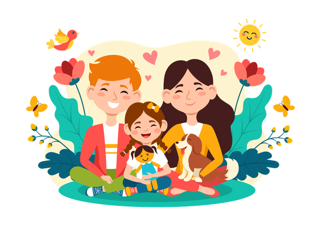 Daughter with her parents and dog  Illustration