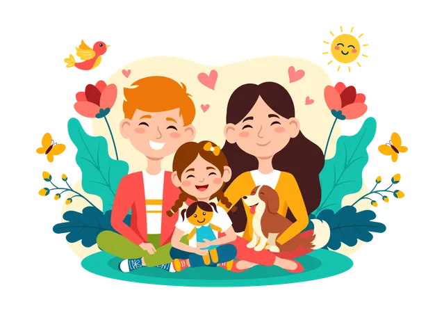 Daughter with her parents and dog  Illustration