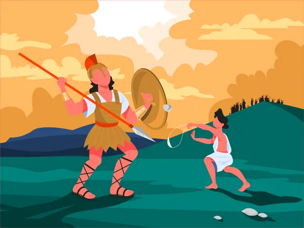 David and Goliath in the middle of battle  Illustration