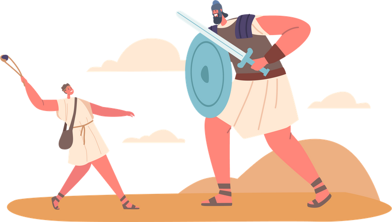 David et Goliath décrits dans le livre de Samuel comme un géant philistin vaincu par David  Illustration