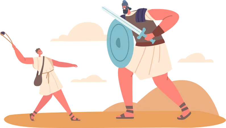 David et Goliath décrits dans le livre de Samuel comme un géant philistin vaincu par David  Illustration