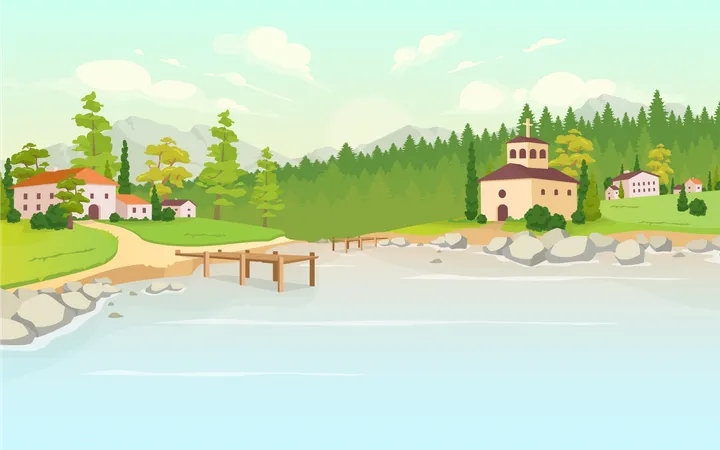 Daytime lake in village  Illustration