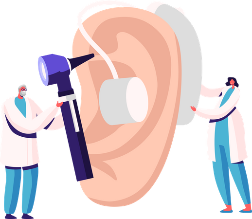 De minuscules médecins féminins installant une aide aux sourds sur une énorme oreille de patient. Perte auditive Problème de santé médicale, oto-rhino-laryngologie  Illustration