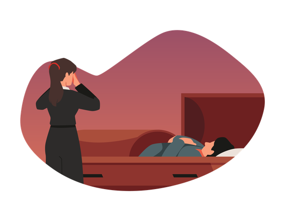 棺の中の死者と泣いている女性  イラスト
