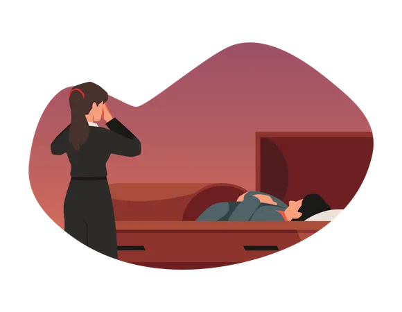 棺の中の死者と泣いている女性  イラスト