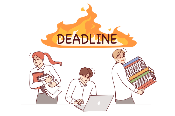 Deadline puts pressure on business people rushing to complete project using laptop  Illustration