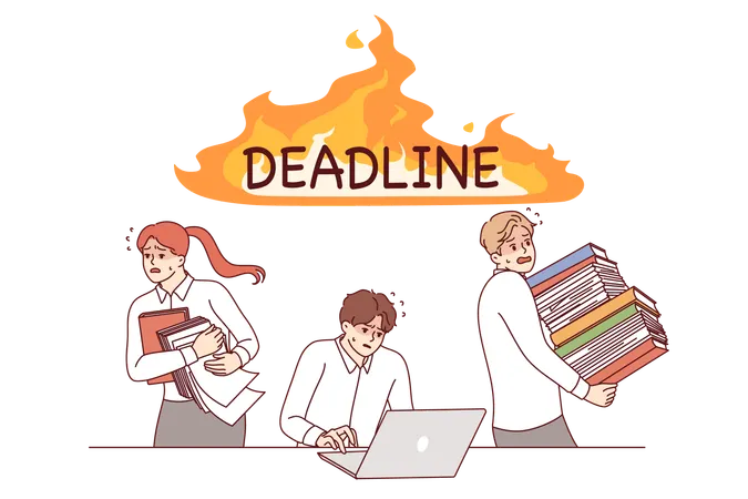 Deadline puts pressure on business people rushing to complete project using laptop  Illustration