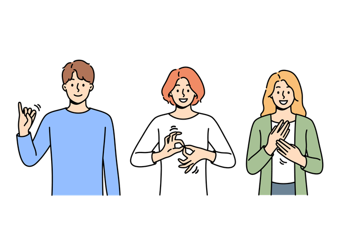 Deaf and mute people use sign language to communicate by making different gestures  イラスト
