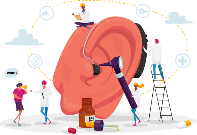 Deaf People with Hear Problems Visiting Doctor Audiologist for Ears Treatment  Illustration