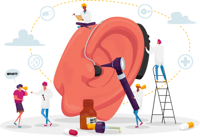 Deaf People with Hear Problems Visiting Doctor Audiologist for Ears Treatment  Illustration