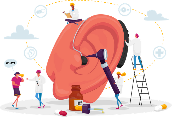 Deaf People with Hear Problems Visiting Doctor Audiologist for Ears Treatment  Illustration