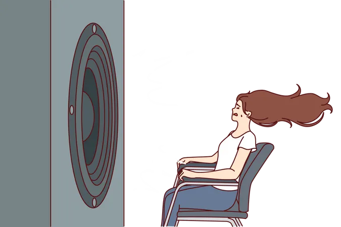 Deafened girl trying to hear the music by sitting near loud woofer  イラスト