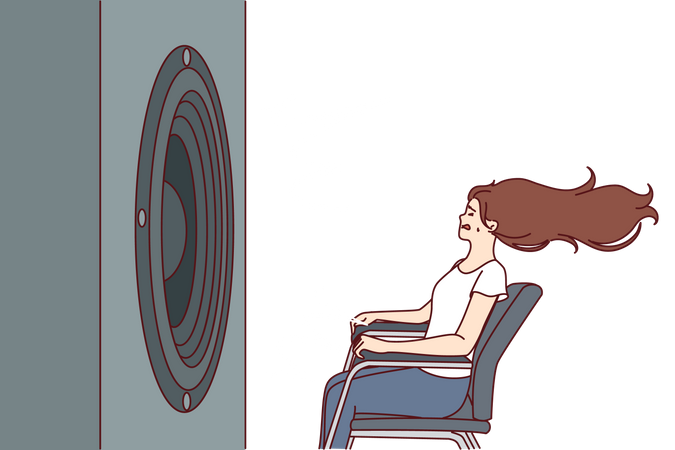 Deafened girl trying to hear the music by sitting near loud woofer  Illustration