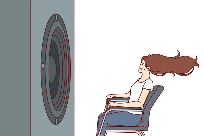 Deafened Woman Near Giant Subwoofer From Music Center Listening To Loud Rhythmic Track With Bass Sitting In Chair Subwoofer With Round Speaker Produces Loud Sound Waves For Girl Who Loves Rock Songs Illustration