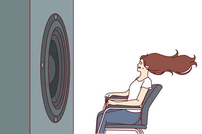 Deafened woman is sitting in front of subwoofer  Illustration