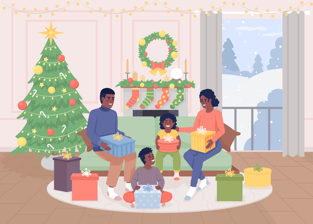 Déballer des cadeaux en famille  Illustration