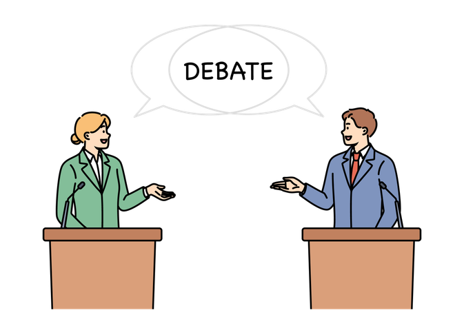 Debate between two politicians standing behind podium and arguing about way to solve state problems  イラスト
