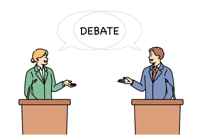 Debate Between Two Politicians Standing Behind Podium And Arguing About Way To Solve State Problems Man And Woman Participate In Debate Talking About Political Programs Of Their Party Illustration