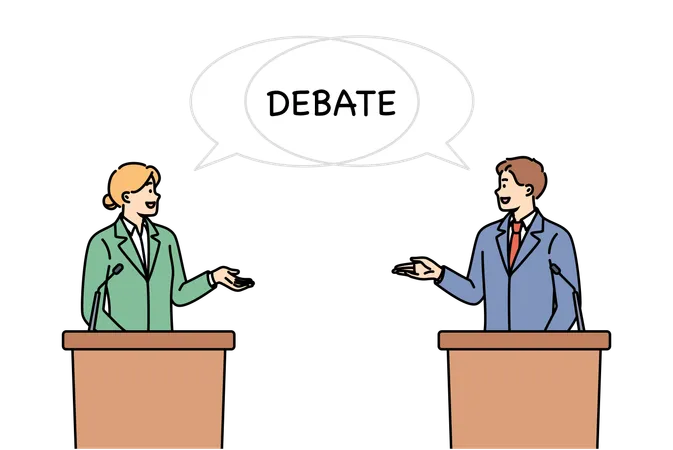 Debate entre dois políticos atrás do pódio e discutindo sobre a maneira de resolver os problemas do Estado  Ilustração