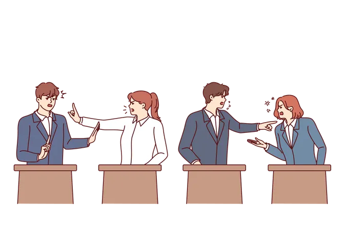 Debates Of Politicians Standing Behind Stands During Election Campaign And Attempts To Out Arguing Opponents Men And Women Participate In Political Debates Wishing To Become Deputies Or Senators Illustration