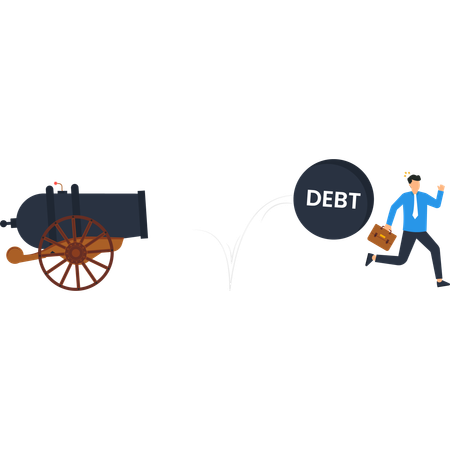 Debt Crisis  Cannon Firing Debt at Running Businessman Financial Trouble  Illustration