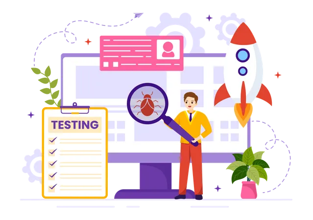 Software Testing Vector Illustration With Application Engineering Debugging Development Process Programming And Coding In Hand Drawn Templates Illustration