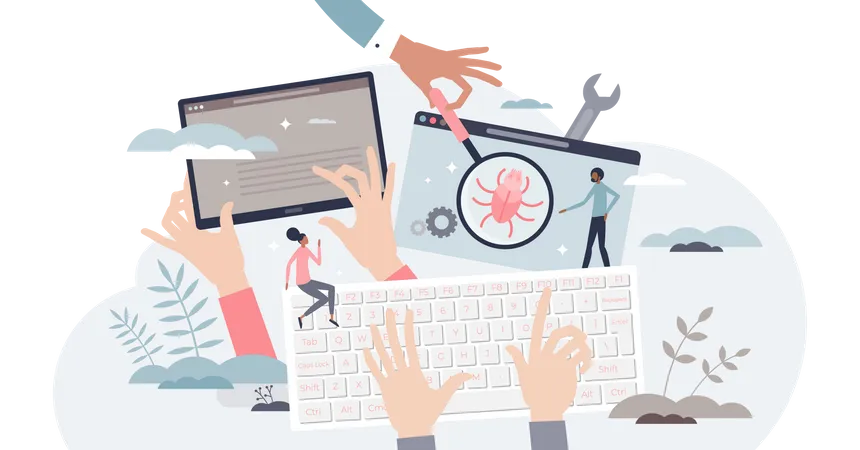 Software Testing As Website Check For Bugs Or Errors Tiny Person Concept Debugging Development Process With Programming And Coding Vector Illustration API Prototyping And Look For Improvements 일러스트레이션