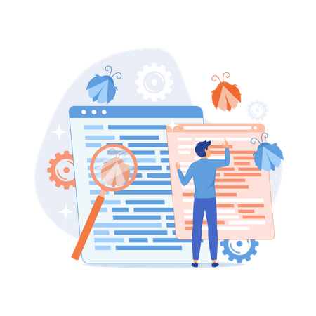 Debuggen der Firewall. Antivirus-Scan. Malware-Reparatur. Virenangriff, Trojaner-Suche, Fehlererkennung. Systemschutz. Bedrohungsdiagnose. Crashtester. Moderne Illustration im flachen Design  Illustration