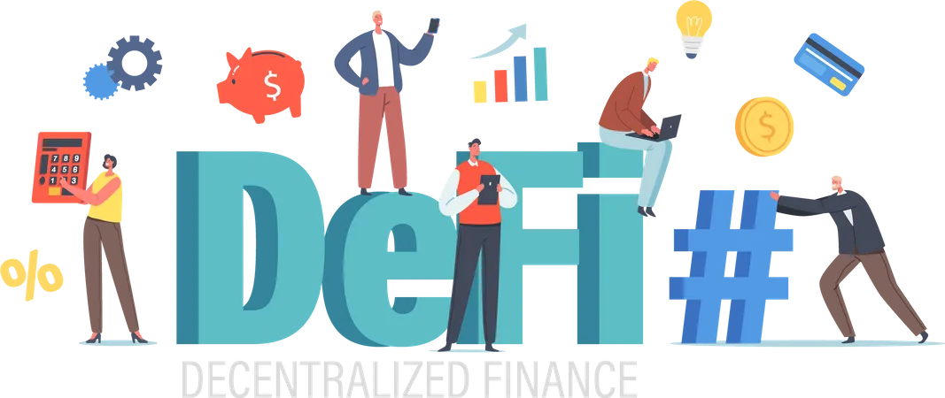 De Fi Decentralized Finance Concept Tiny Businesspeople Characters With Huge Calculator Hashtag Piggy Bank And Cryptocurrency Blockchain Data Chart Statistics Cartoon People Vector Illustration Illustration