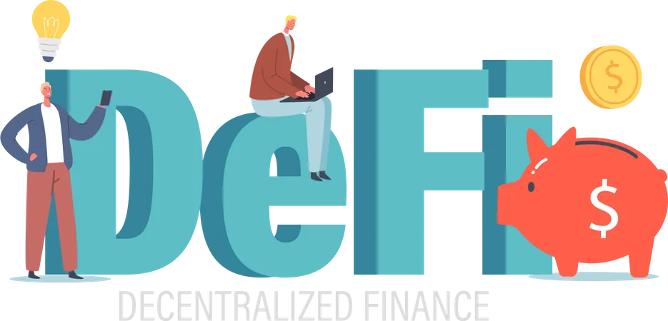 De Fi Decentralized Finance Concept Tiny Businesspeople Characters With Huge Piggy Bank And Light Bulb Work On Cryptocurrency Market Via Gadgets Blockchain Tech Cartoon People Vector Illustration Illustration