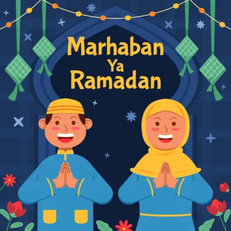 Pareja Musulmana Dando La Bienvenida Al Mes Sagrado Del Islam Marhaban Ya Ramadhan Significa Bienvenido Oh Ramadan Ilustración