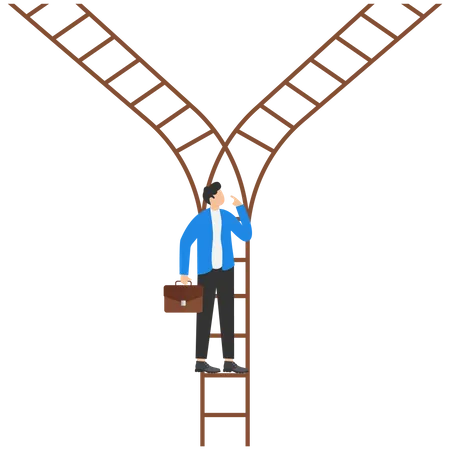 Decision Making Choosing Choices Options Or Way Which Direction To Be Success Or Decide Path To Achieve Target Concept Confused Businessman Climb Up Ladder And Found Crossroad To Make Decision Illustration