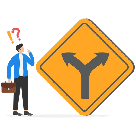 Decision To Choose Pathway Alternative Or Choice Deciding Career Path Determination Or Thinking To Find Solution Concept Contemplation Businessman Thinking Which Way To Go On Folk Road Sign Illustration