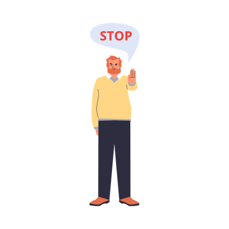 Decisive serious bearded male demonstrate STOP sign with hand gesture  Illustration