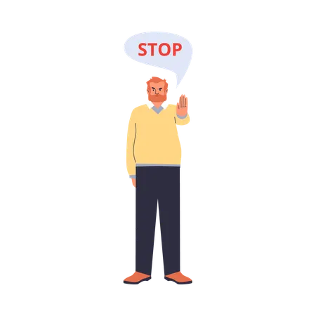 Decisive serious bearded male demonstrate STOP sign with hand gesture  Illustration