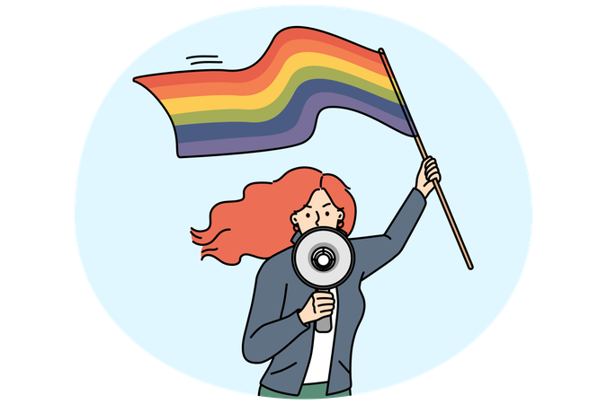 Decisive young woman with LGBTQ flag scream in megaphone on protest  Illustration