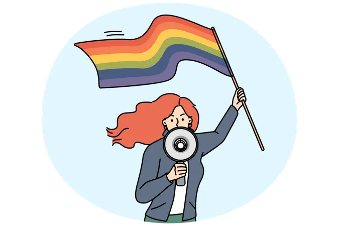 Decisive young woman with LGBTQ flag scream in megaphone on protest  Illustration