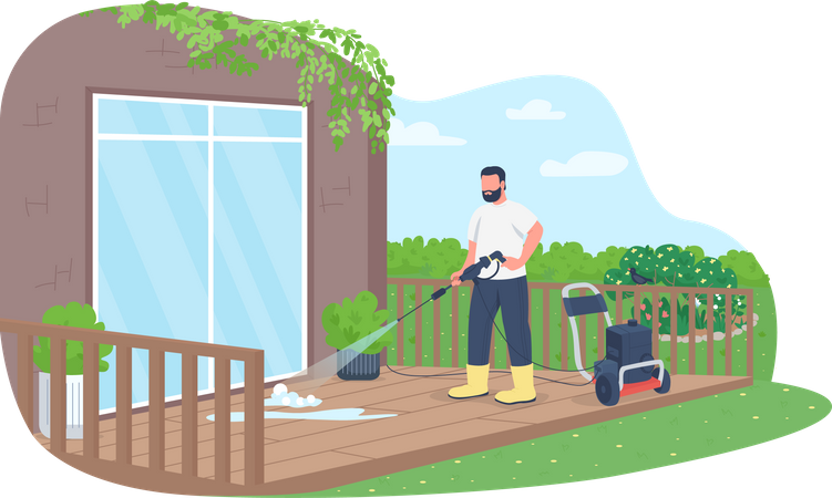 Deck cleaning with power wash gun Illustration