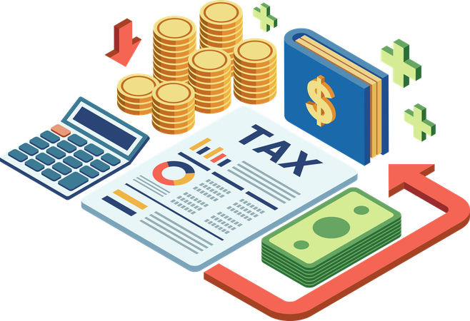 Déclaration de revenus avec portefeuille et éléments financiers  Illustration