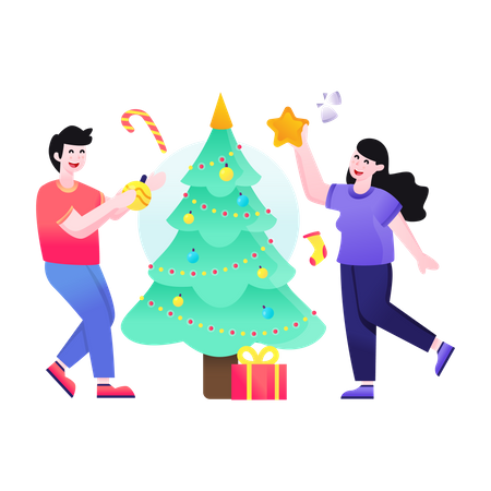 Decoração de árvore de Natal por casal  Ilustração