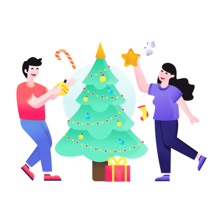 Decoração de árvore de Natal por casal  Ilustração