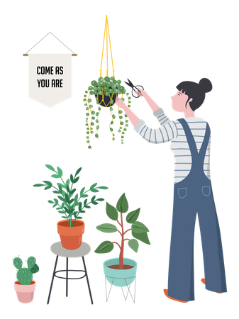 Decoração moderna com plantas, vasos, cactos, folhas tropicais  Ilustração