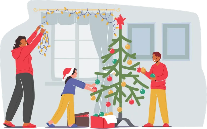 Família decorando árvore de natal e casa  Ilustração