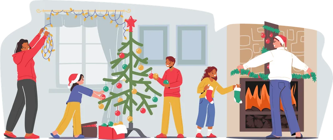 Família decorando casa e árvore de natal  Ilustração