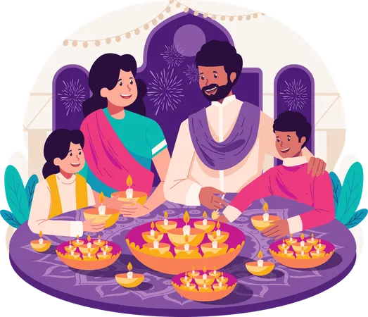 Família indiana decorando rangoli e diya para celebrar o diwali  Ilustração