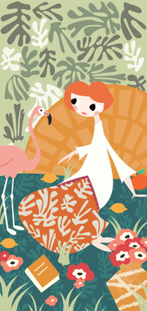 Menina com flamingo e decoração inspirada em Henri Matisse  Ilustração