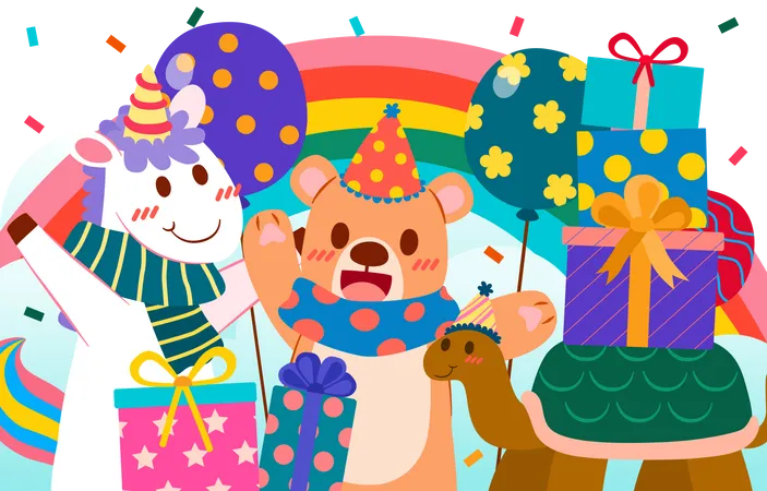Decoración de cumpleaños con osito y unicornio.  Ilustración
