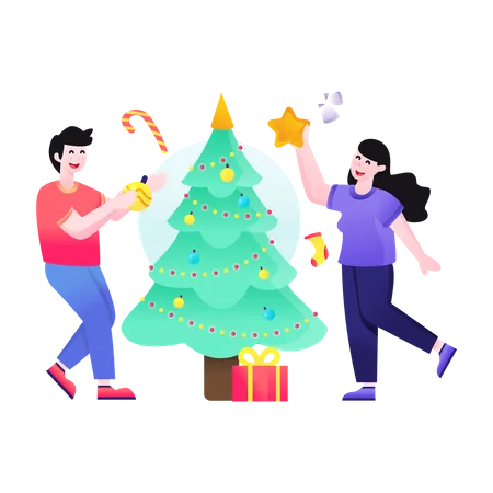 Decoración del árbol de Navidad por pareja.  Ilustración