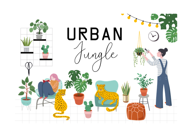 Decoración moderna para el hogar con plantas, leopardos, cactus y hojas tropicales.  Ilustración