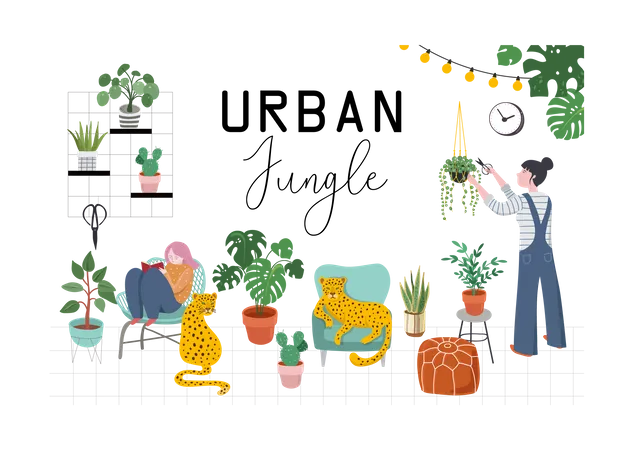 Decoración moderna para el hogar con plantas, leopardos, cactus y hojas tropicales.  Ilustración